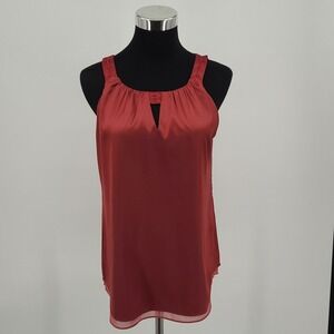 White House Black Market Red Satin Sleeveless Blouse Embroidered Keyhole Top 4